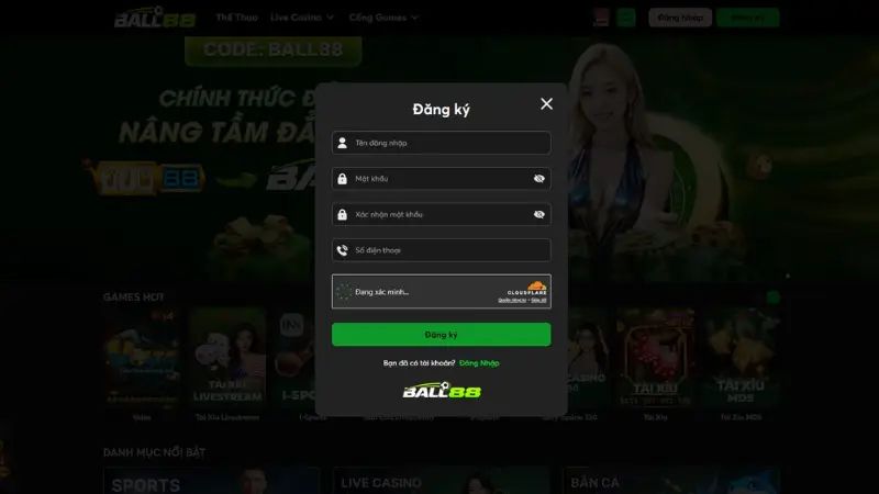 Giao diện đăng nhập Ball88 nơi người chơi cần sử dụng lại tài khoản cũ từ Tin88 hoặc Hong88